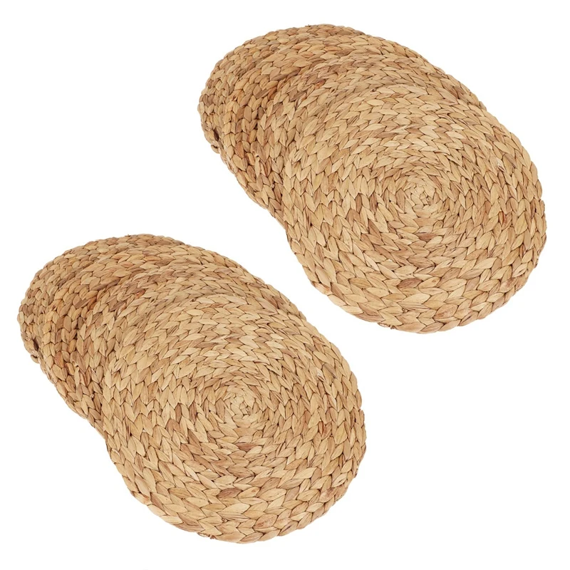 

Hand-Woven Natural Water Hyacinth Woven Placemat Round Woven Rattan Placemat 8Pc