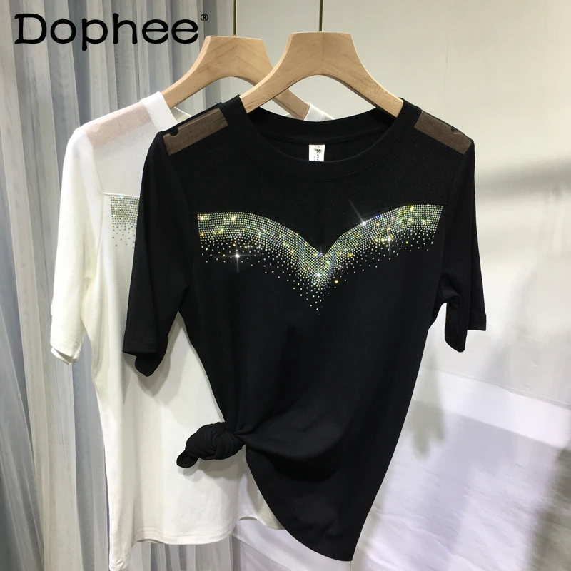 

Hot Drilling Shiny T-shirt Girls Mesh Slim Fit Patchwork Round Neck Black Short Sleeve Tshirt Top 2022 New Summer Women Clothes