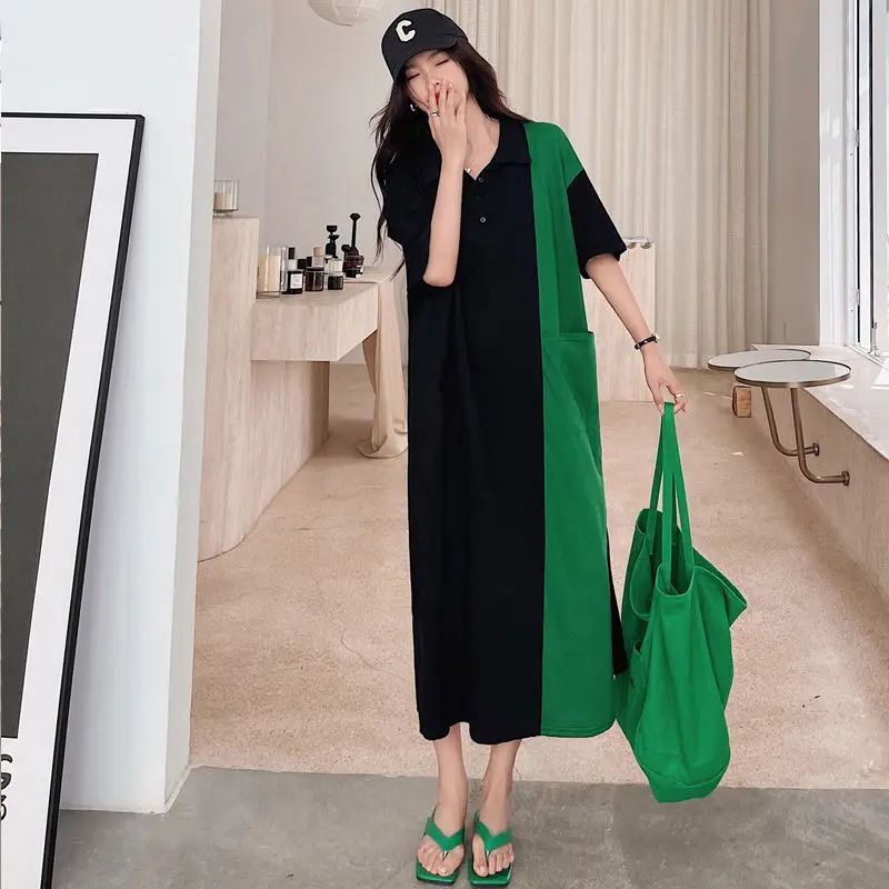 

Summer New Contrast Color Split Hem Long Dress Polo Neck Short Sleeve Loose Casual Dresses Trend Fashion Women Clothing