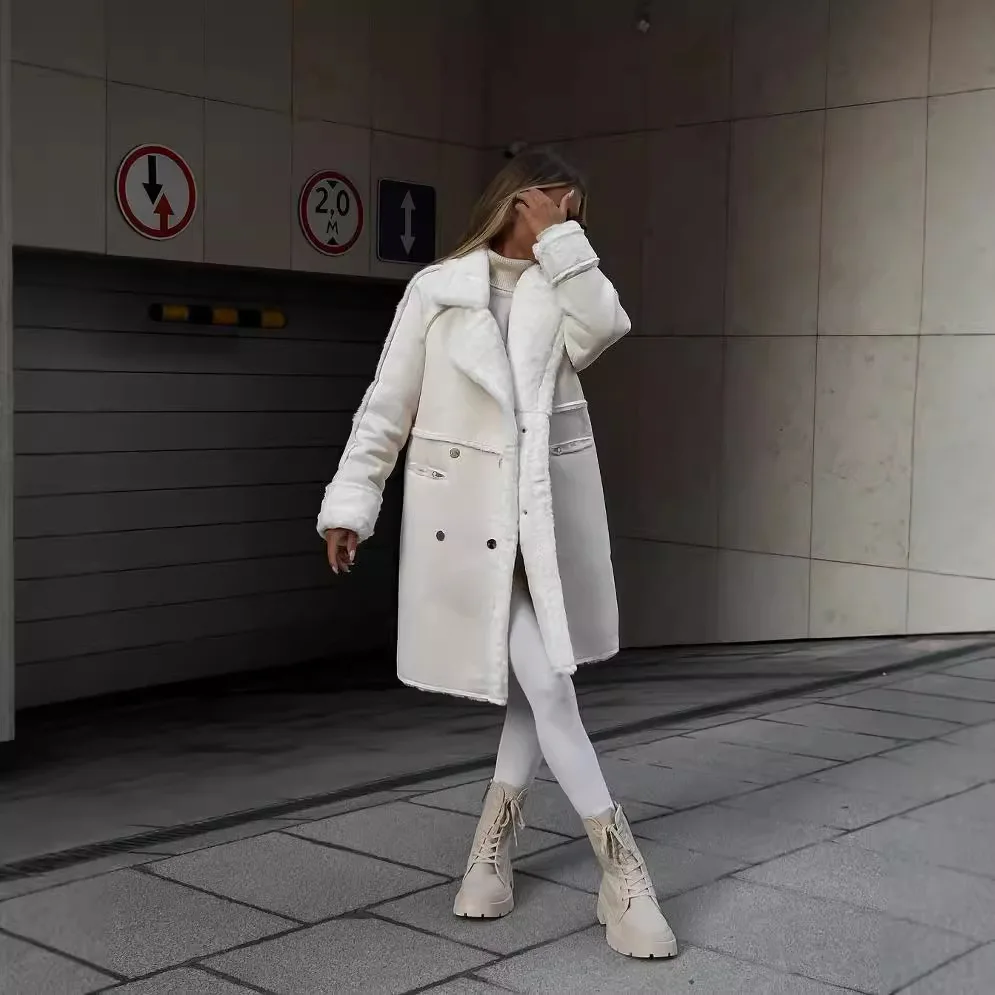 2025 зимнее новое стильное кожаное пальто с воротником и длинным рукавом плюшевая