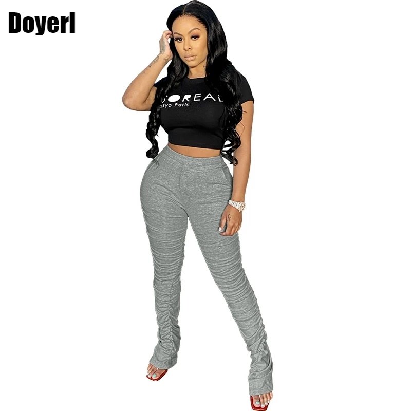 

Gray Stacked Extended Sweatpants Women High Waist Layered Ruched Pants with Pockets Female Leggings Sports Joggers Skinny Pants