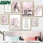 Настенная картина на холсте, Постер розового цвета с изображением цветущей вишни, ветвей, лошади, автомобиля, современное настенное украшение для гостиной, домашний декор