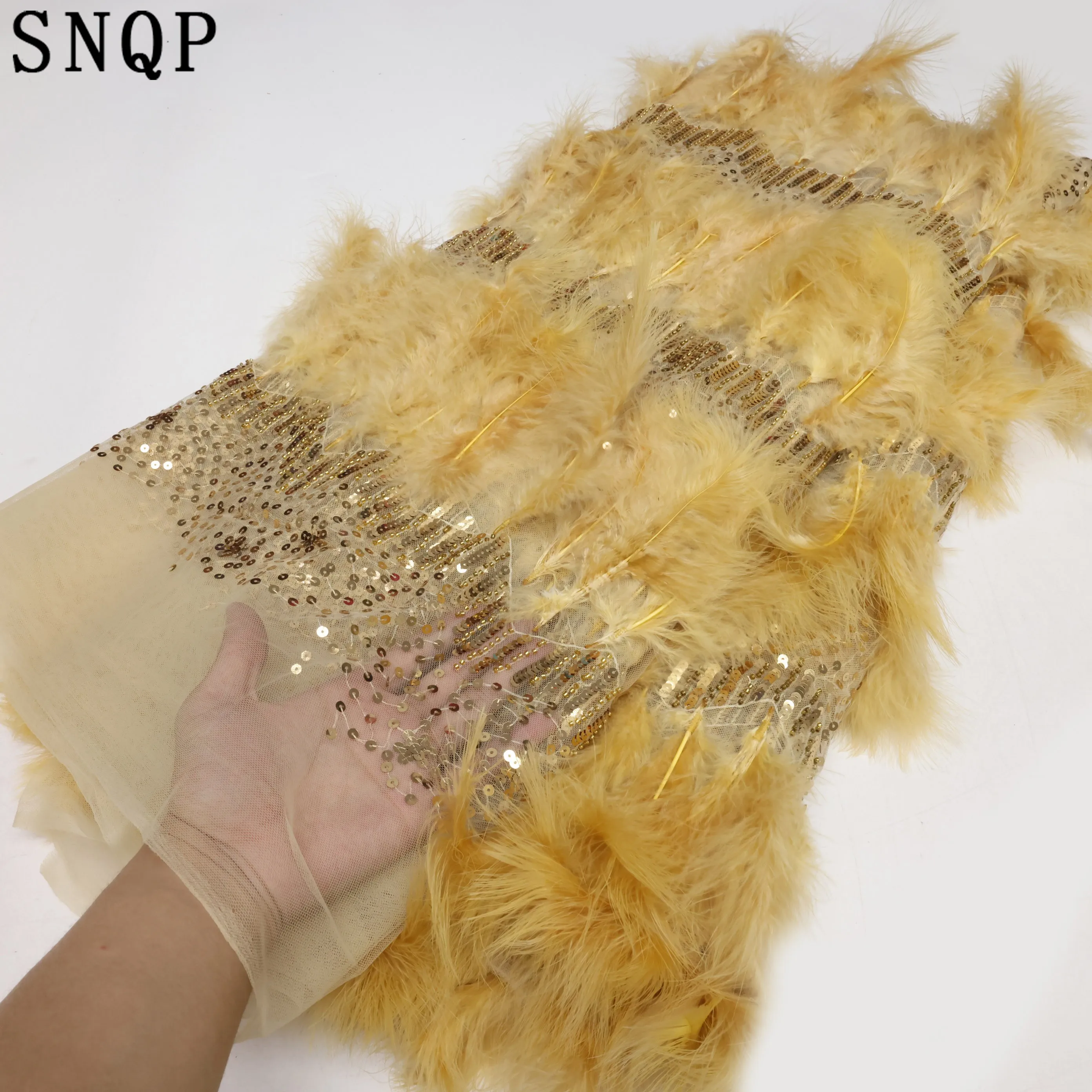 

Gold 2023 Luxury Feather African Lace Frabric High Quality French Lace Sequins Beaded Embroidered Lace Fabric for Wedding Dress
