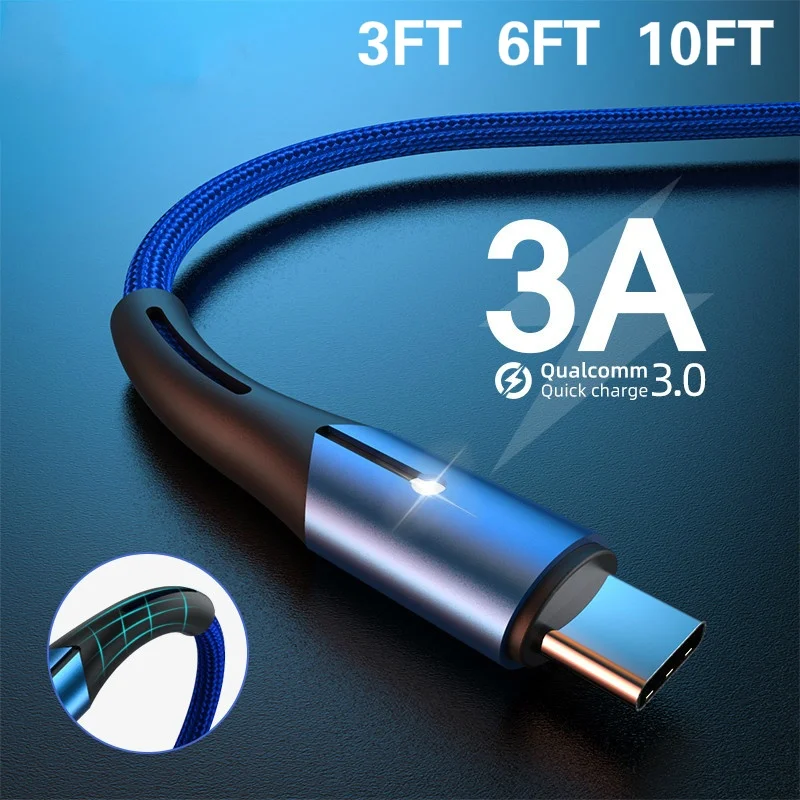 

3A USB Type C Cable For Samsung S20 S10 Huawei P40 Fast Charging Data Cord For Xiaomi 11 K30 Redmi Note 8 7 Type-C Charger Cable