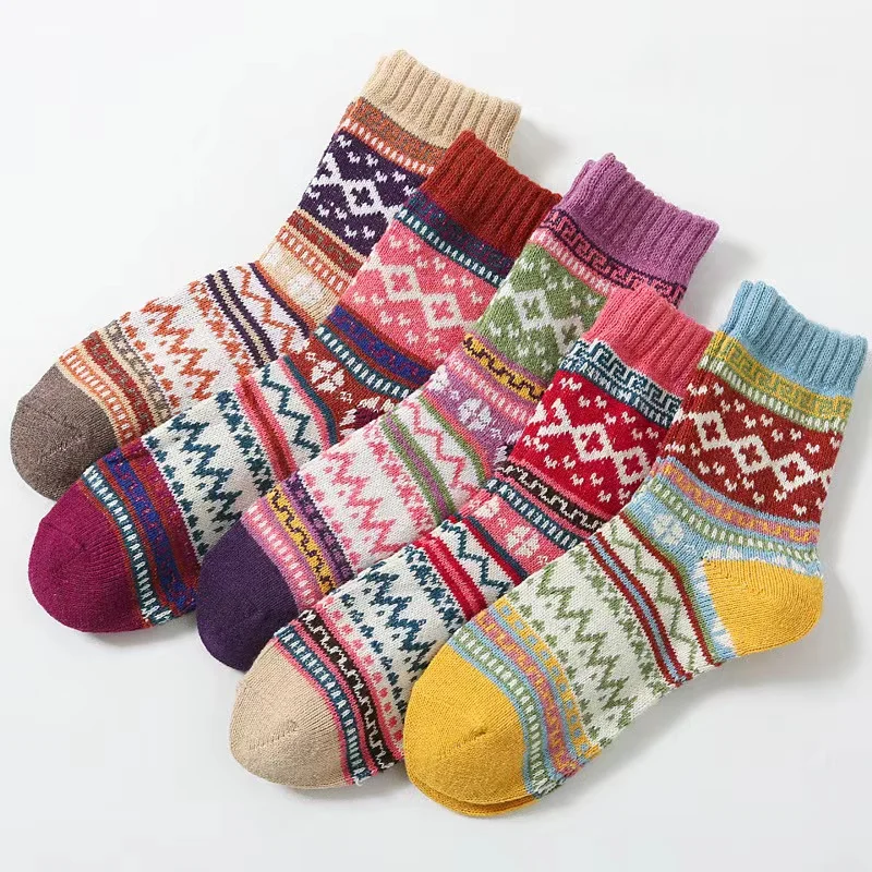 5 Pairs Lot Pack Women Socks Autumn Winter Snow Thickened Thermal Warm Folk-custom Retro Nordic Style Wool Socks Christmas Gift
