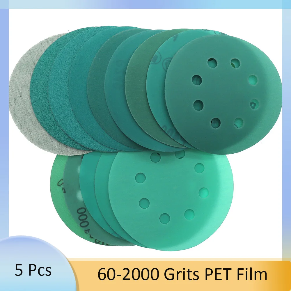 5 Pcs Hook and Loop Sanding Disc 5 Inch Polyester Film 125MM 8 Holes Sandpaper Wet & Dry Grinding Tools For Festool Sander