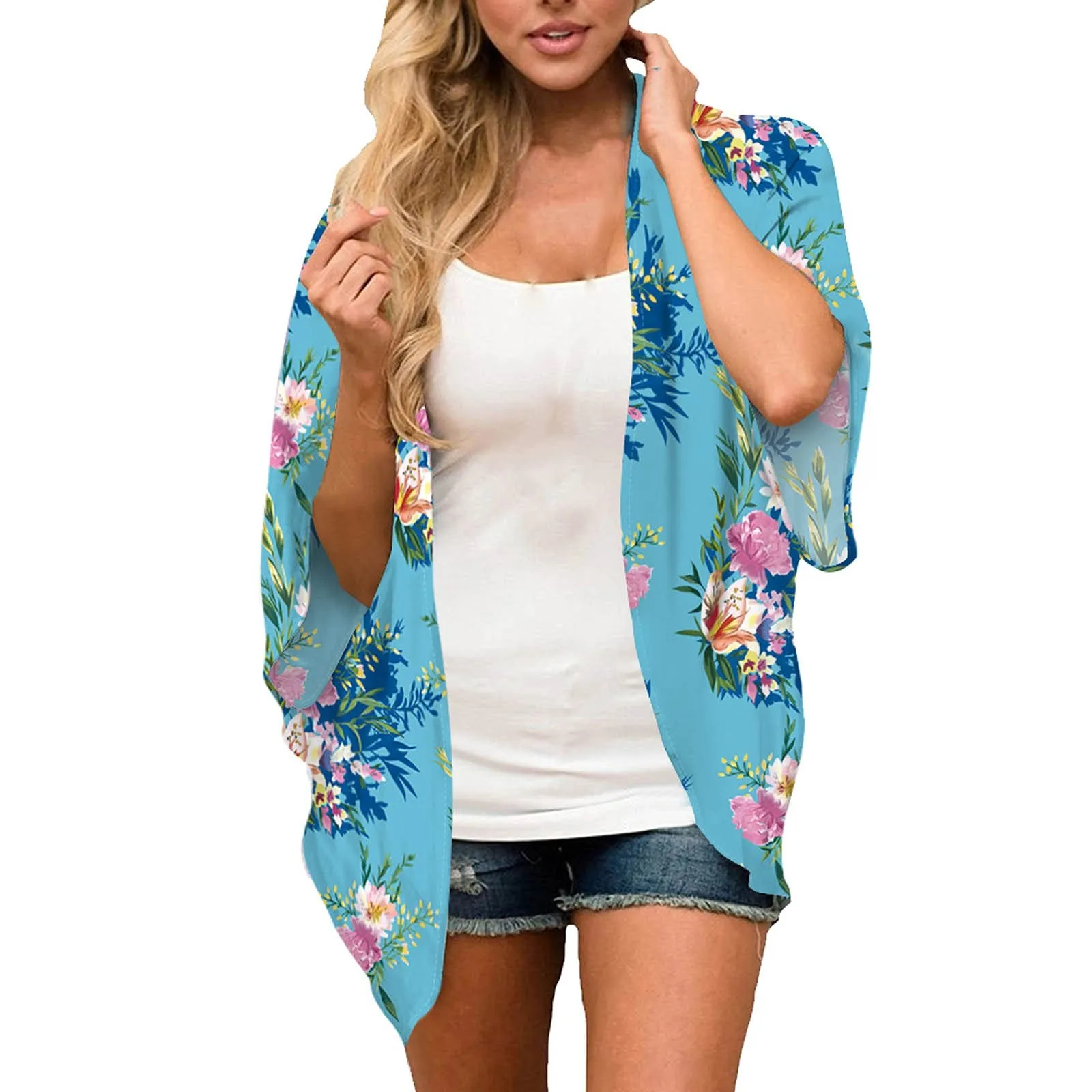 

Женские летние топы с цветочным принтом, свободный шифоновый кардиган с рукавом до локтя, блузки, Повседневная накидка, купальники, купальник для женщин