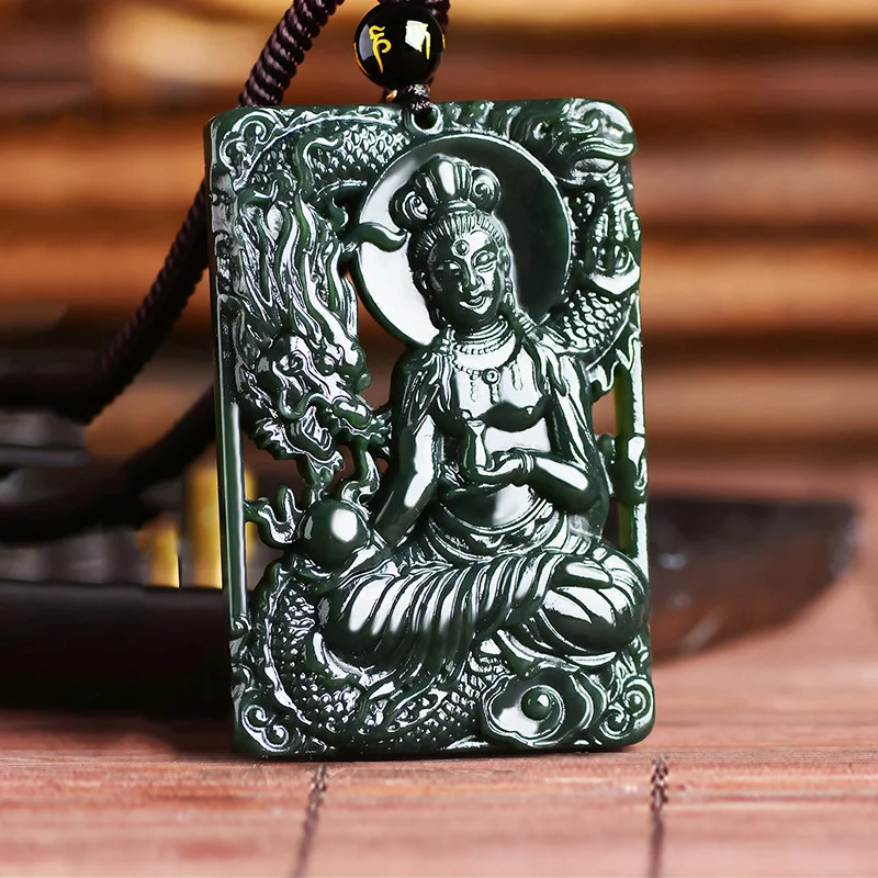 

Hot selling natural hand-carved Hetian Cyan Jade Hollowing Dragon Goddess of Mercy Necklace pendant fashion Men Women Luck Gifts