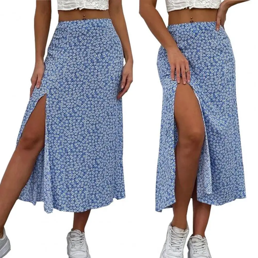 

Stylish Women Beach Skirt Mid Waisted Soft Flower Print Ladies Casual Skirt Swing Women Long Skirt Daily Wear