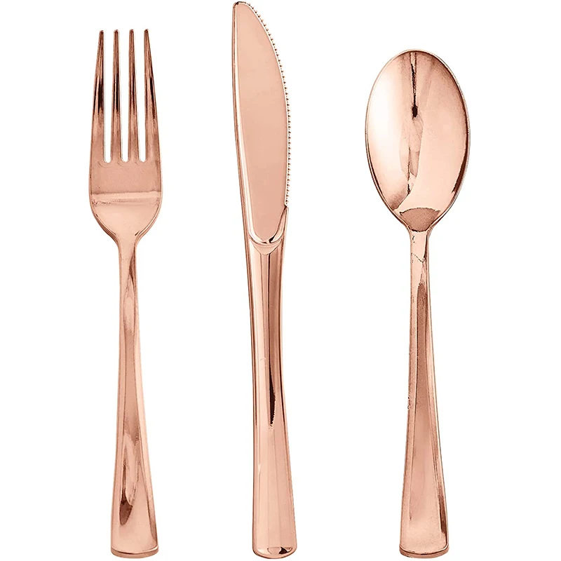 

18/24Pcs Rose Gold Plastic Disposable Tableware Dessert Knives Forks Spoons Wedding Birthday Party Decor Supplies Cutlery Sets