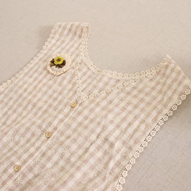 Женский хлопковый топ без рукавов милый клетчатый в японском стиле с вышивкой