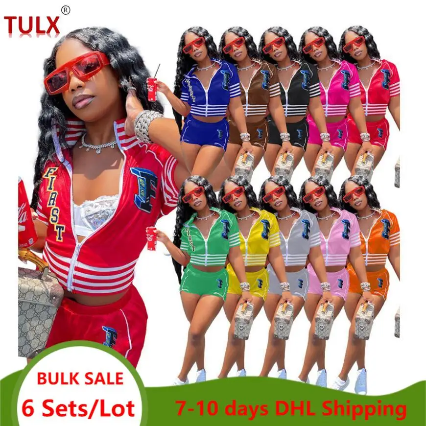 

Оптовая продажа, летний бейсбольный спортивный костюм, комплект из двух предметов, женская одежда, полосатая куртка с надписью и воротником-стойкой и шорты, Y2k одежда 7057