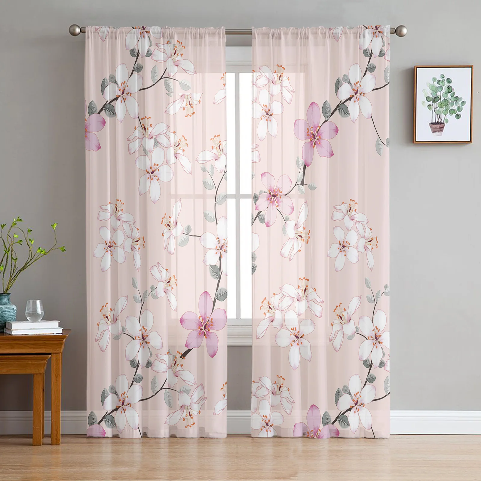 

Peach Blossom Tulle Curtains for Bedroom Balcony Home Decor Sheer Curtain for Kitchen Living Room Windows Printed Drapes