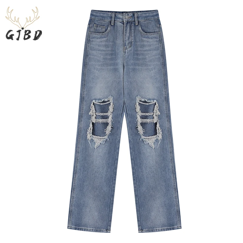 

Women's Blue Ripped Jeans Straight High Waist Vintage Baggy Wide Leg Pants Casual Self Cultivation Denim Trouser Ladies Summer