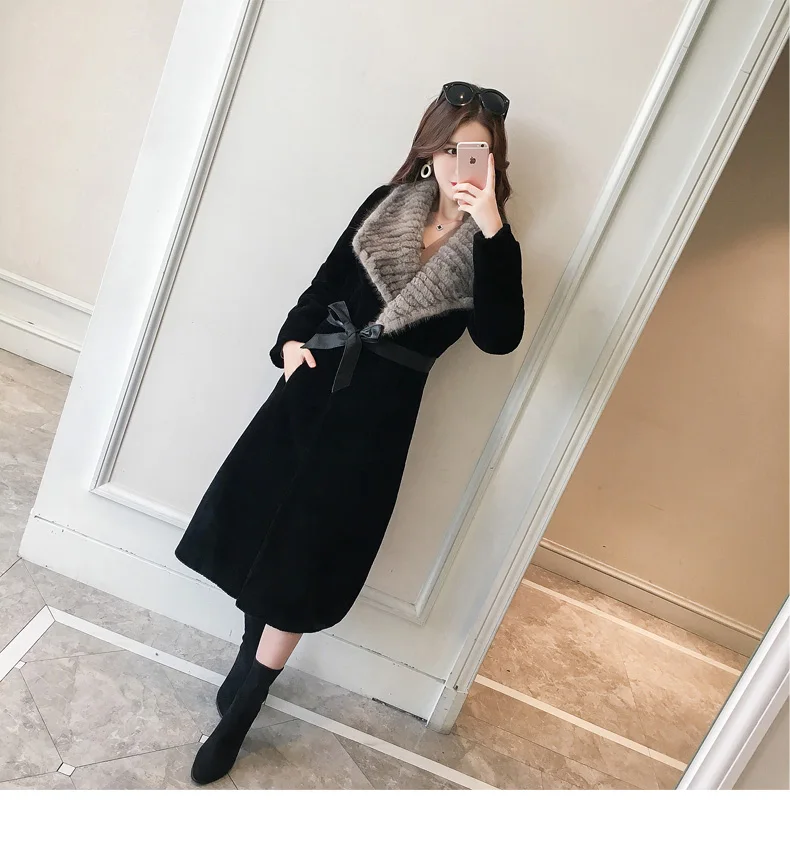 New Arrival 2022 Winter Fashion Woman Clothes 100% Wool Long Coat Natural Real Mink Fur Collar Female Streetwear Black Big Size