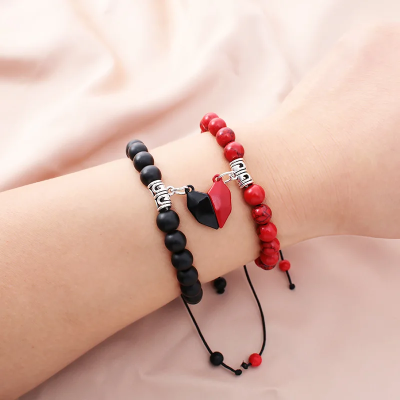 

Fashion 2pcs Natural Wish Stone Beads Yoga Bracelet For Lovers Heart Distance Magnet Couple Bracelets Healing Friendship Jewelry