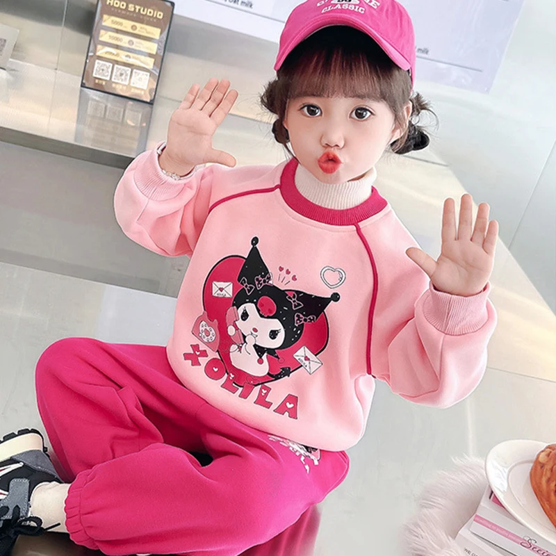 

Sanrio Plush Casual Wear Cartoon Kuromi Anime Kawaii Cute Winter Plush Thicken Warm Child's Plush Two Piece Set Cloth Gifts Girl