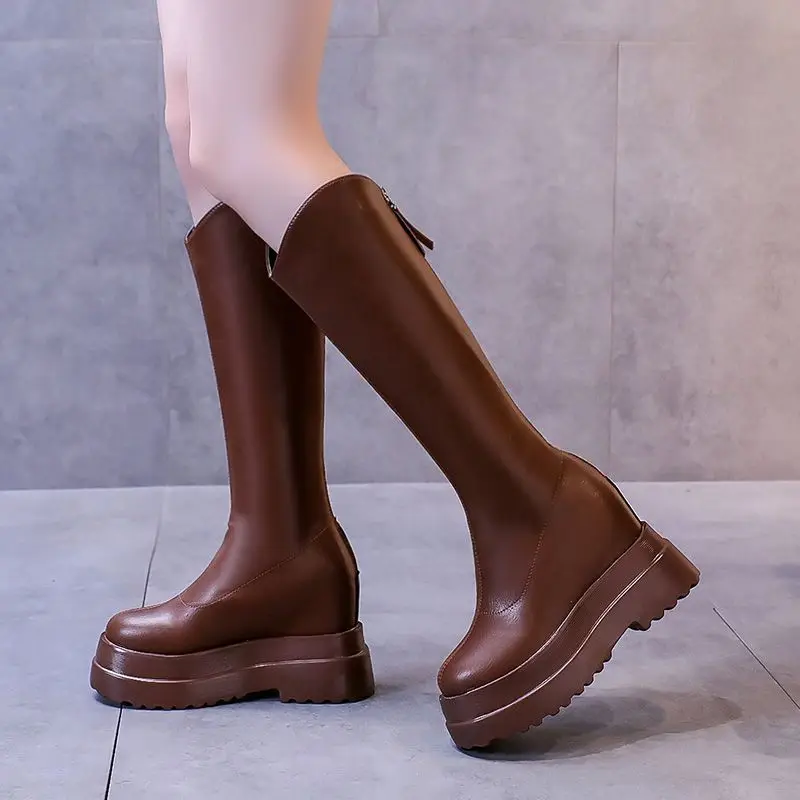 

Зимние новые женские длинные ботинки на Высоком толстом каблуке модные кожаные ботинки сзади женская обувь