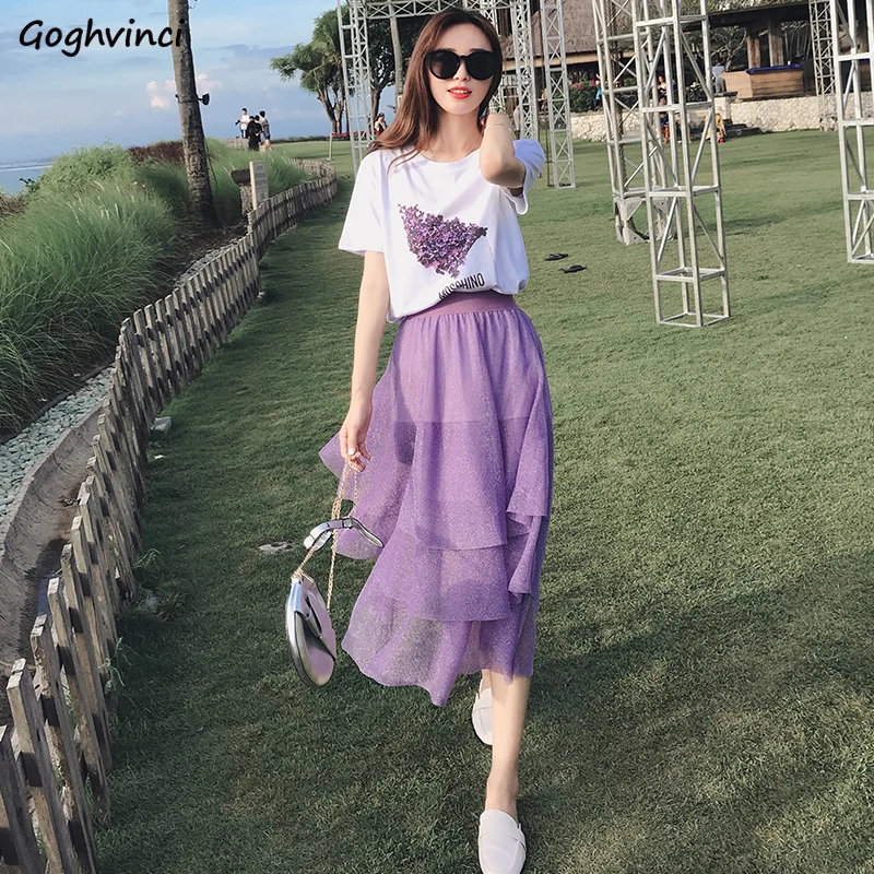 

Skirts Women Summer Mesh Cake Purple Tulle Elegant Ins Hot Fairy Chic Elegant Party Simple Womens Slender Leisure Loose Ulzzang