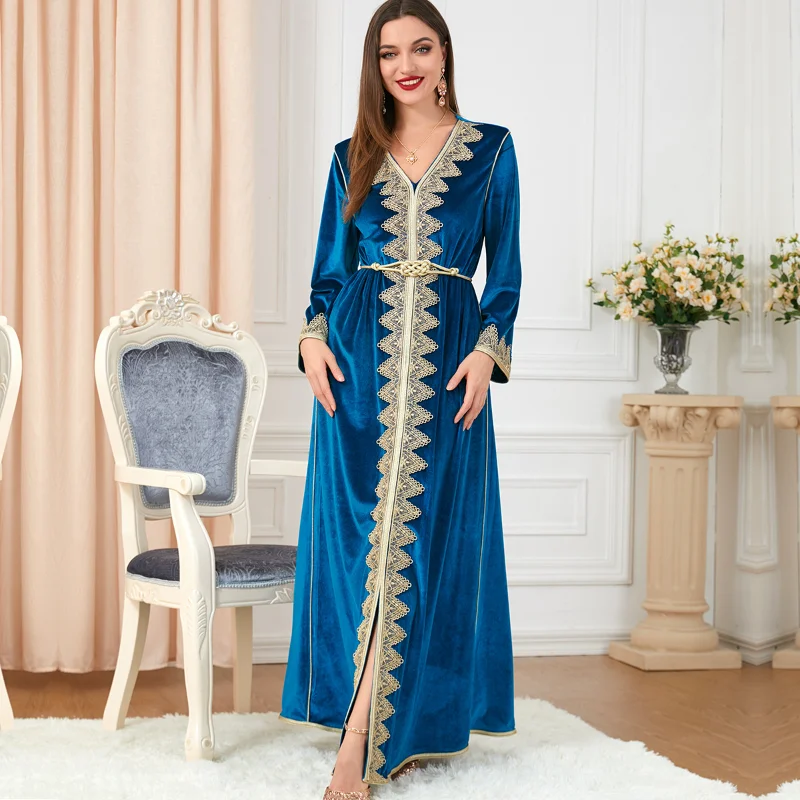 Velvet Abaya Long Dress Winter Women Lace Appliques Trimmimg Belted Muslim Moroccan Kaftan Eid Ramadan Evening Dubai Abayas