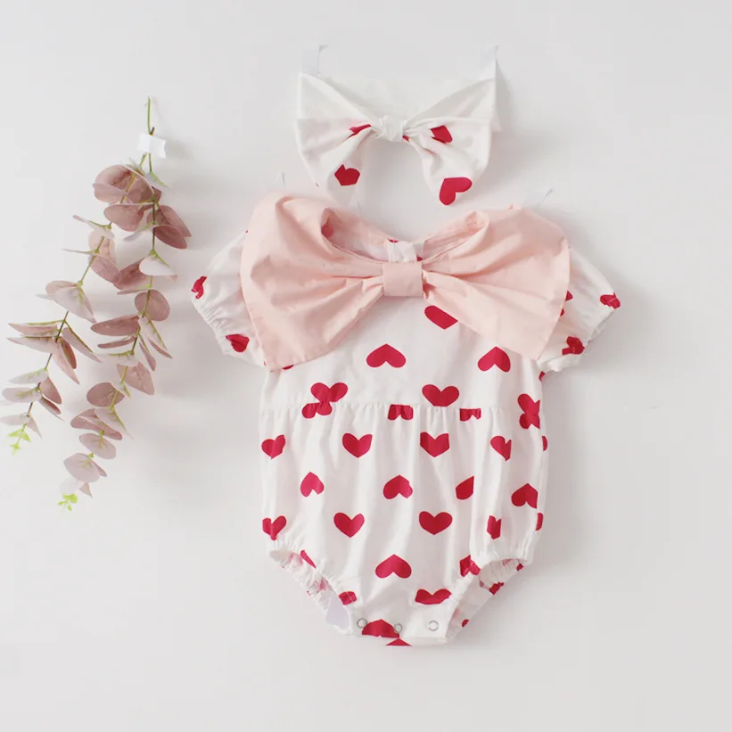 

Spring summer new baby girl bodysuits love butterfly neck long-sleeved romper toddler newborn cotton princess jumpsuit with hat