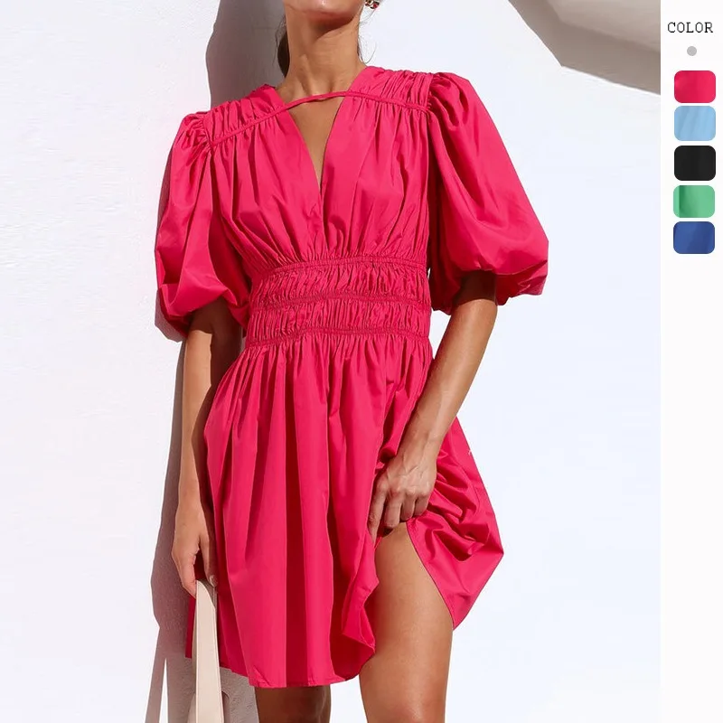 

2023 Summer Women's New Deep V Waist Short High Waist Dopamine Dresses Women's French Style