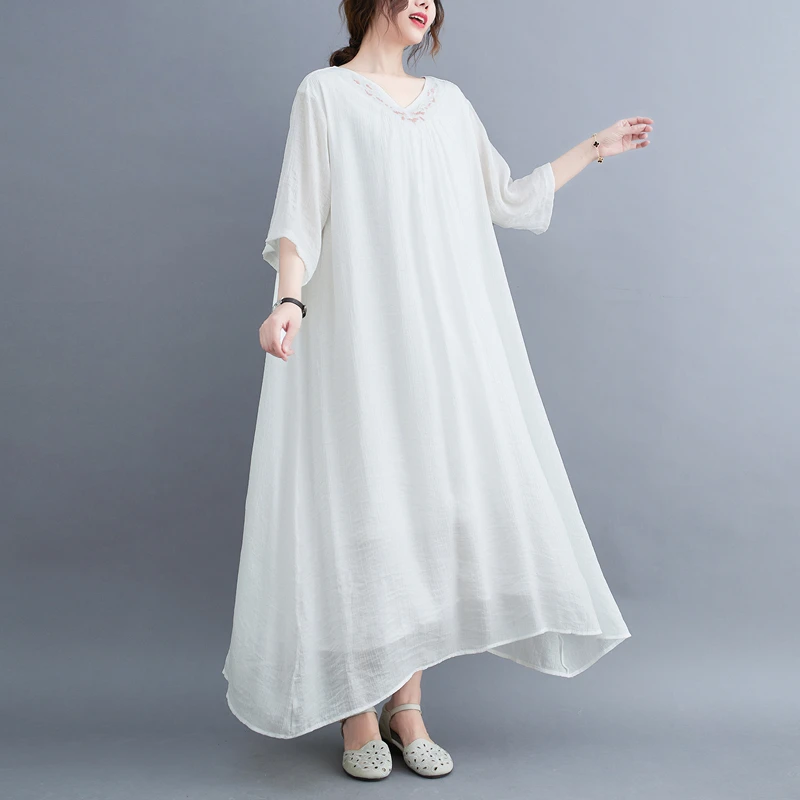 

SuperAen 2022 Летние Новые однотонные хлопковые Повседневные платья оверсайз с вышивкой и поясом с v-образным вырезом трапециевидной формы для же...