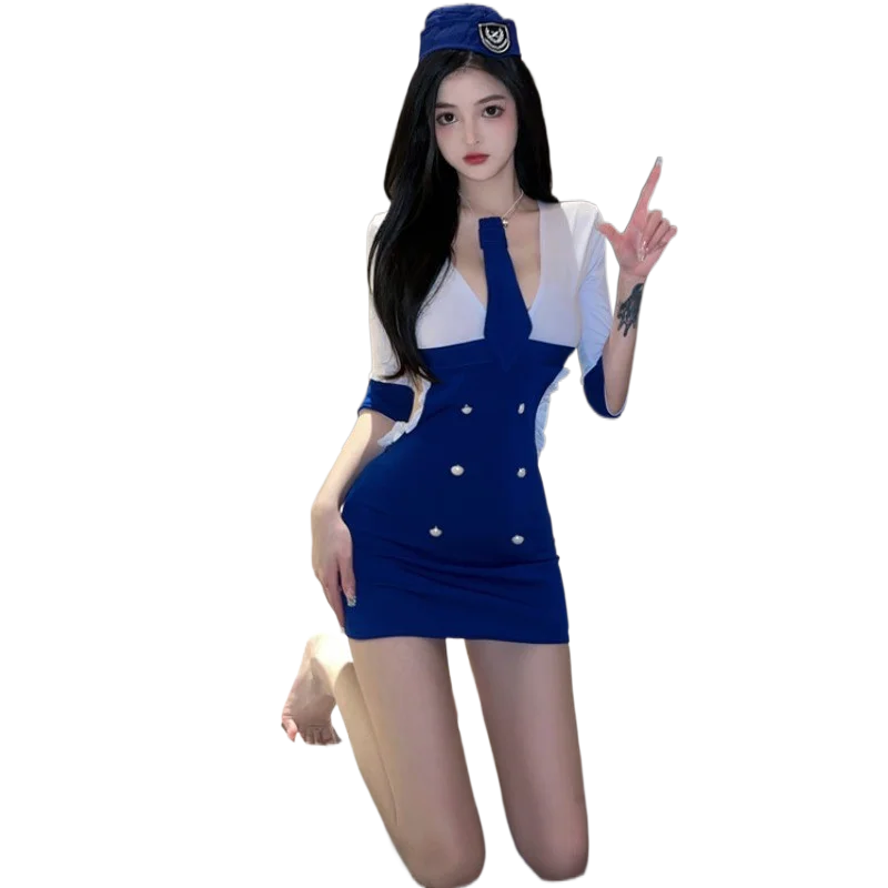 

Sexy lingerie bag hip short skirt stewardess uniform temptation hollow