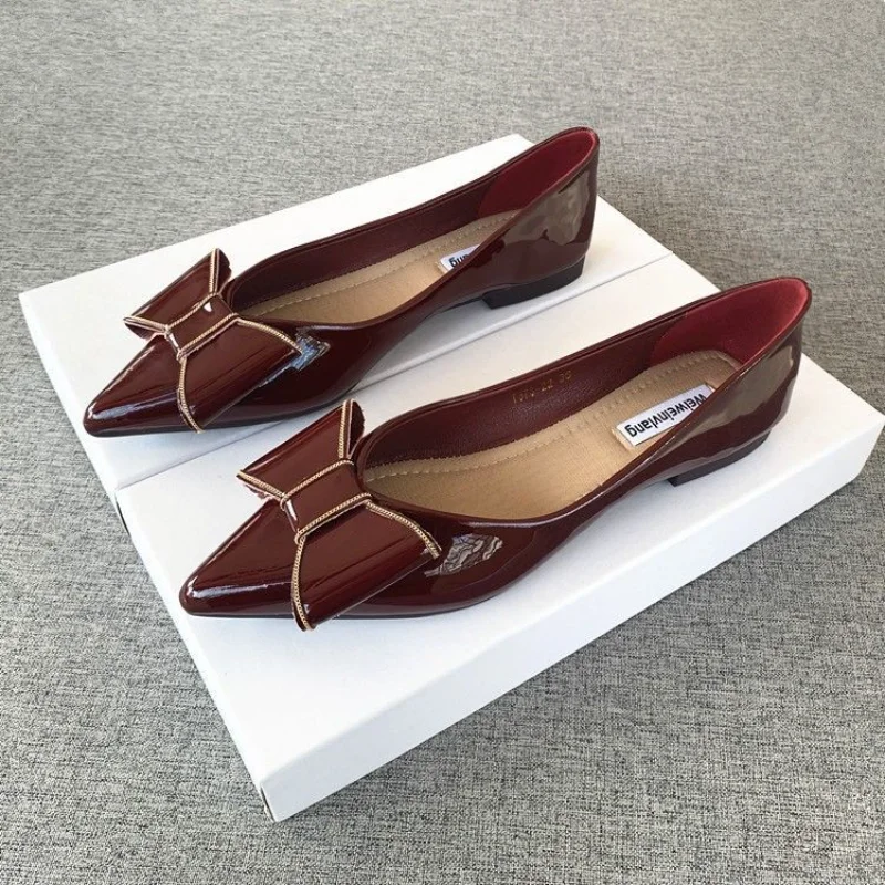 

Shoes for Women 2023 Flat with Bow Flats Ladies Summer Footwear Pointed Toe Bride Normal Leather Casual Red Fashion Lastest Shoe