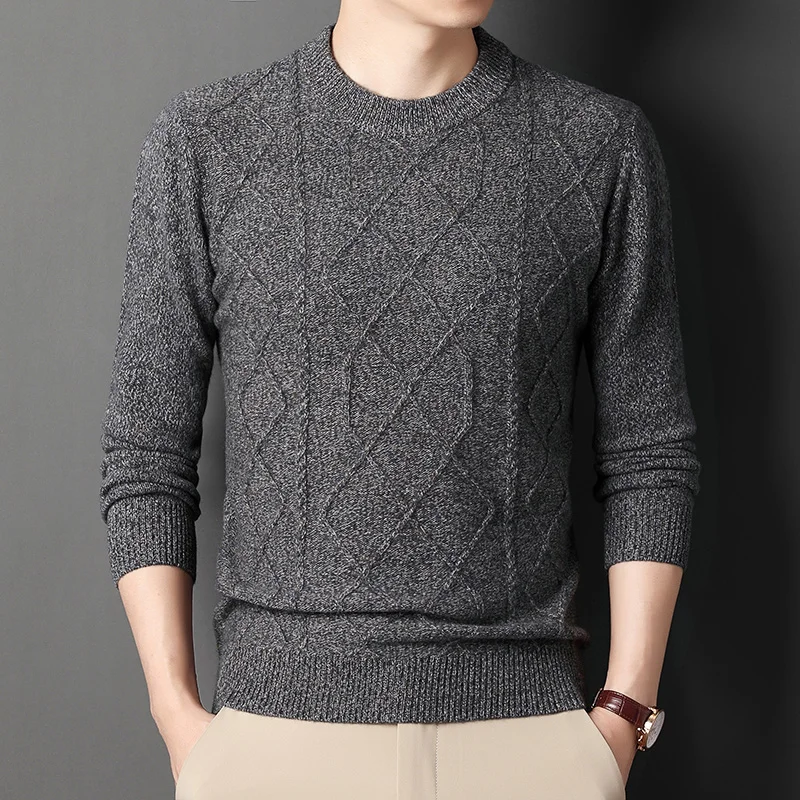 

Autumn And Winter New 100% Sweater Men's Casual Jacquard O-Neck Long-Sleeved Pullover Sweater Thickened Warm Knit BottomingShirt