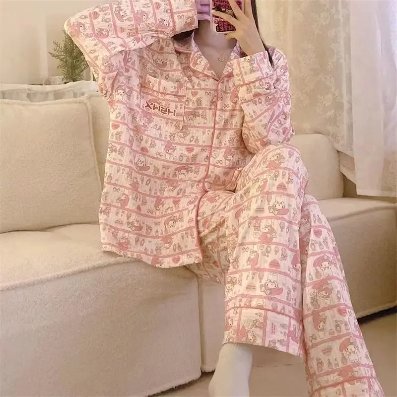 Kawaii Pijamas for Yong Girls Women Cute Pink Pajamas 2 Pieces Spring Nightwear Cartoon Sleepwear Home Suits Long Sleeve Pants