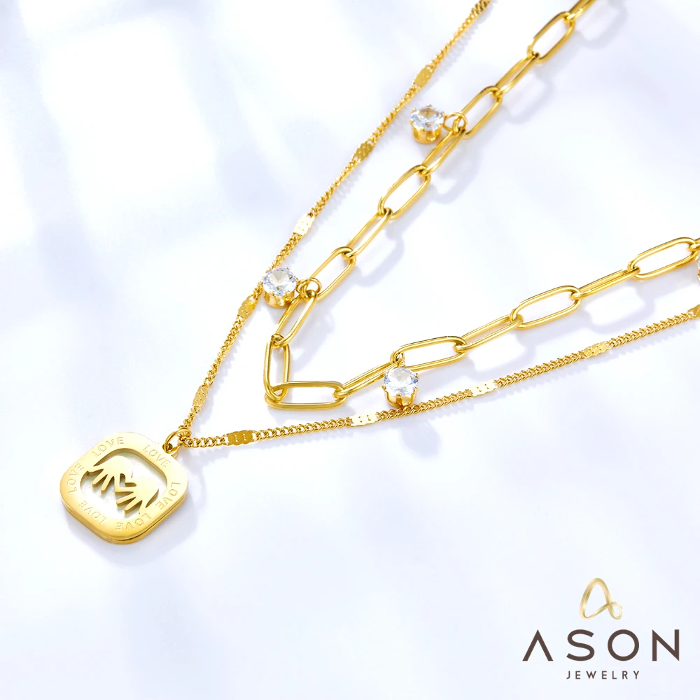 

ASONSTEEL Gold Color Stainless Steel Palm White Shell Accessoriess Multi-Layer Paperclip Chains Pandent Necklace For Women Daily