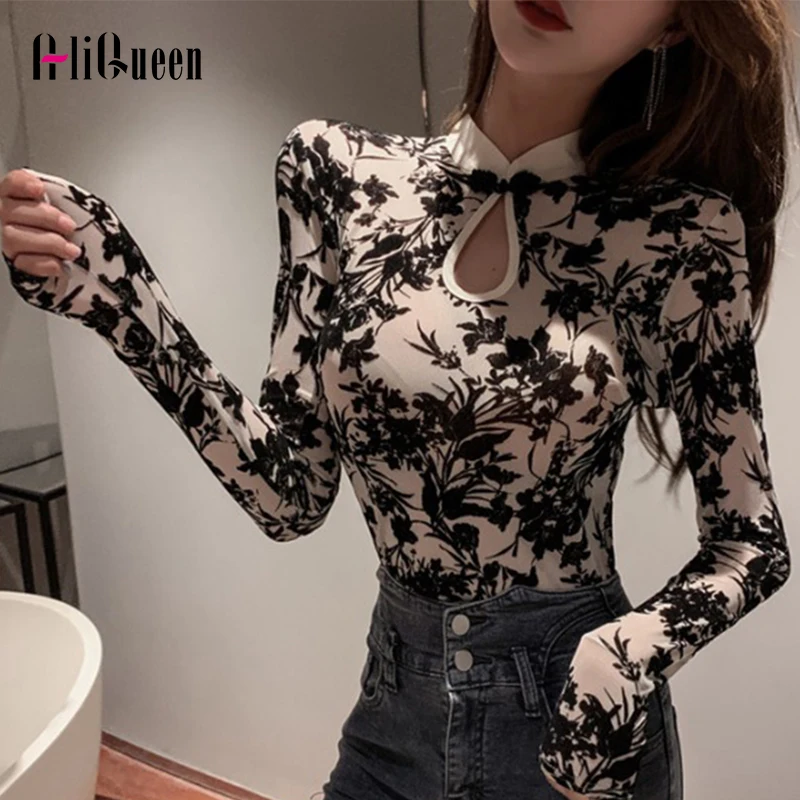 

Spring Women Clothes Net Yarn Printing Vintage Pullover Female Lace Cheongsam Collar Hollow Out Sexy Perspective Long Sleeve Top