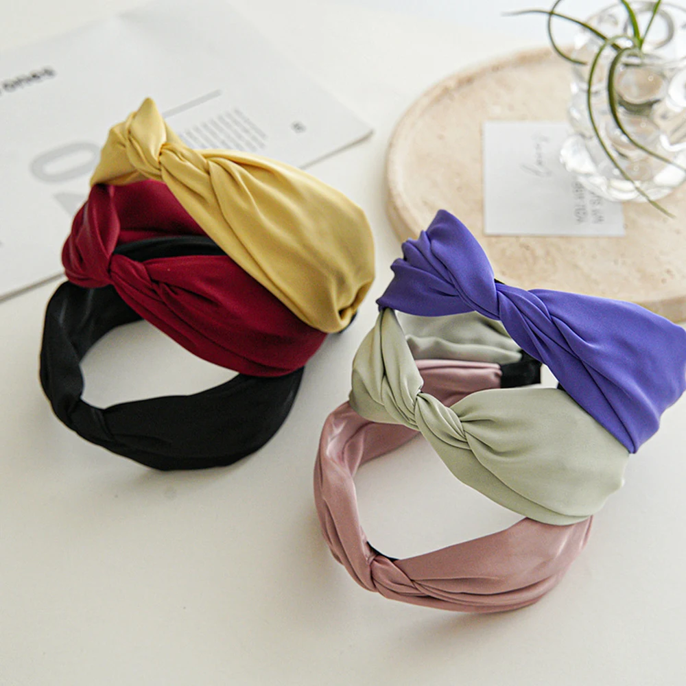 

Women Fashion Twisted Knotted Hairband Solid Color Satin Headband For Girls Cross Yoga Sports Hair Hoop Hair Accessories