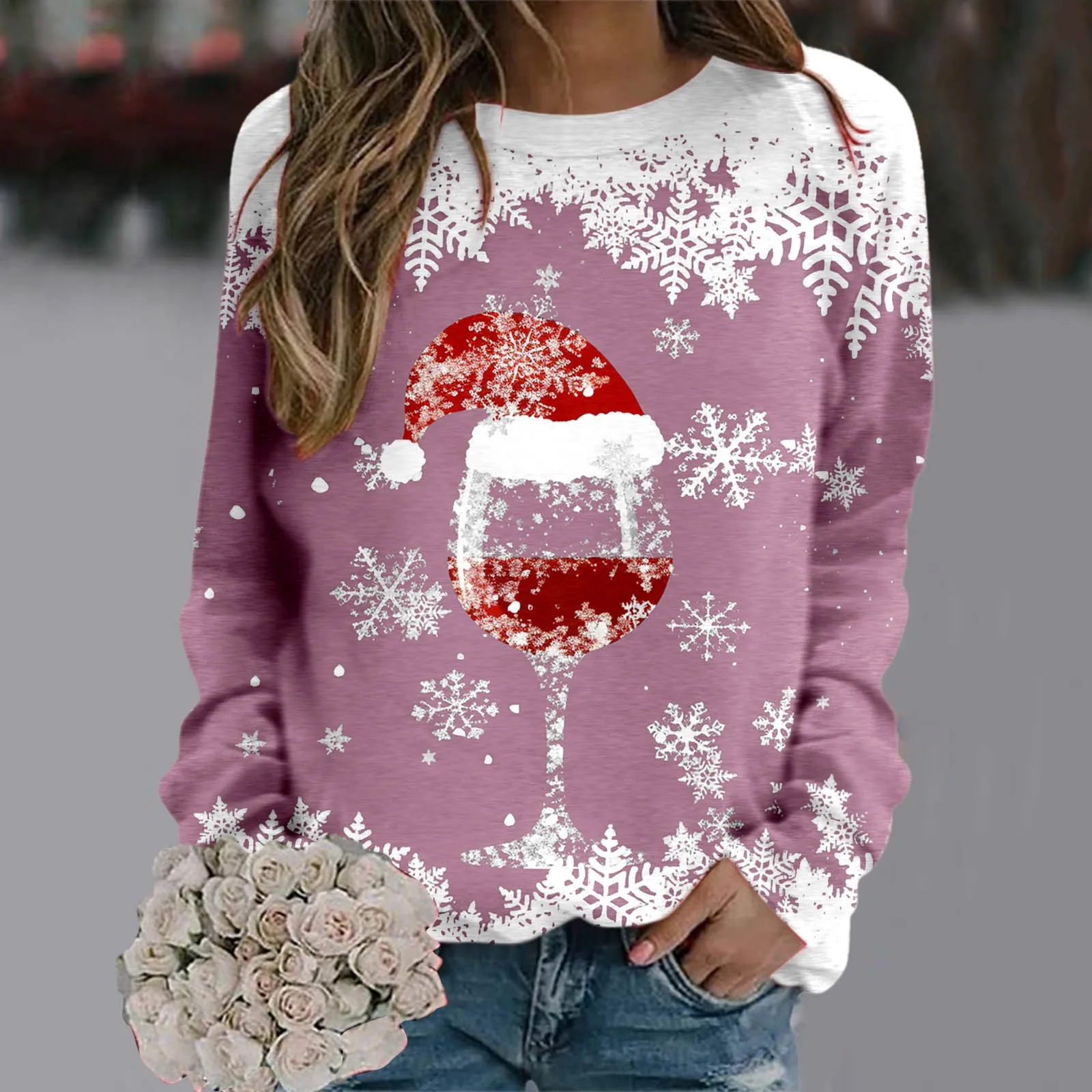 

Casual Christmas Pattern Blouse For Women Long Sleeve Crew Neck Loose Sweatshirt Cute Reindeer Graphic Xmas Sweatshirts