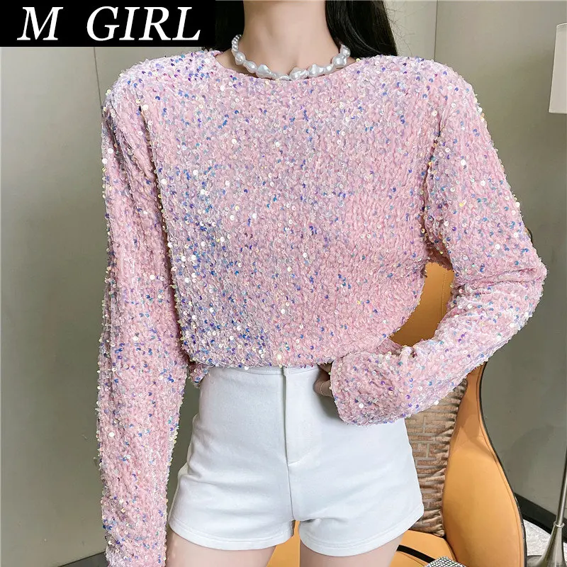 

Женская Вельветовая футболка с длинным рукавом, круглым вырезом и вышивкой