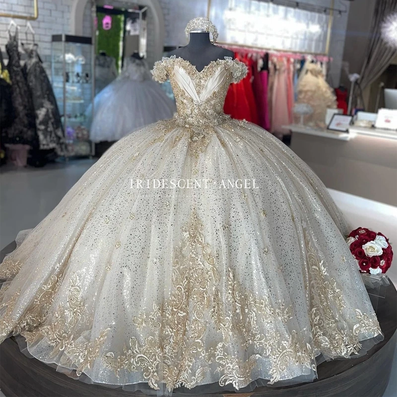 

IRIDESCENT Vintage Ball Gown Champagne Beading Appliques 15 Year Old Quinceanera Dresses Vestidos De 15 Años With Long Train