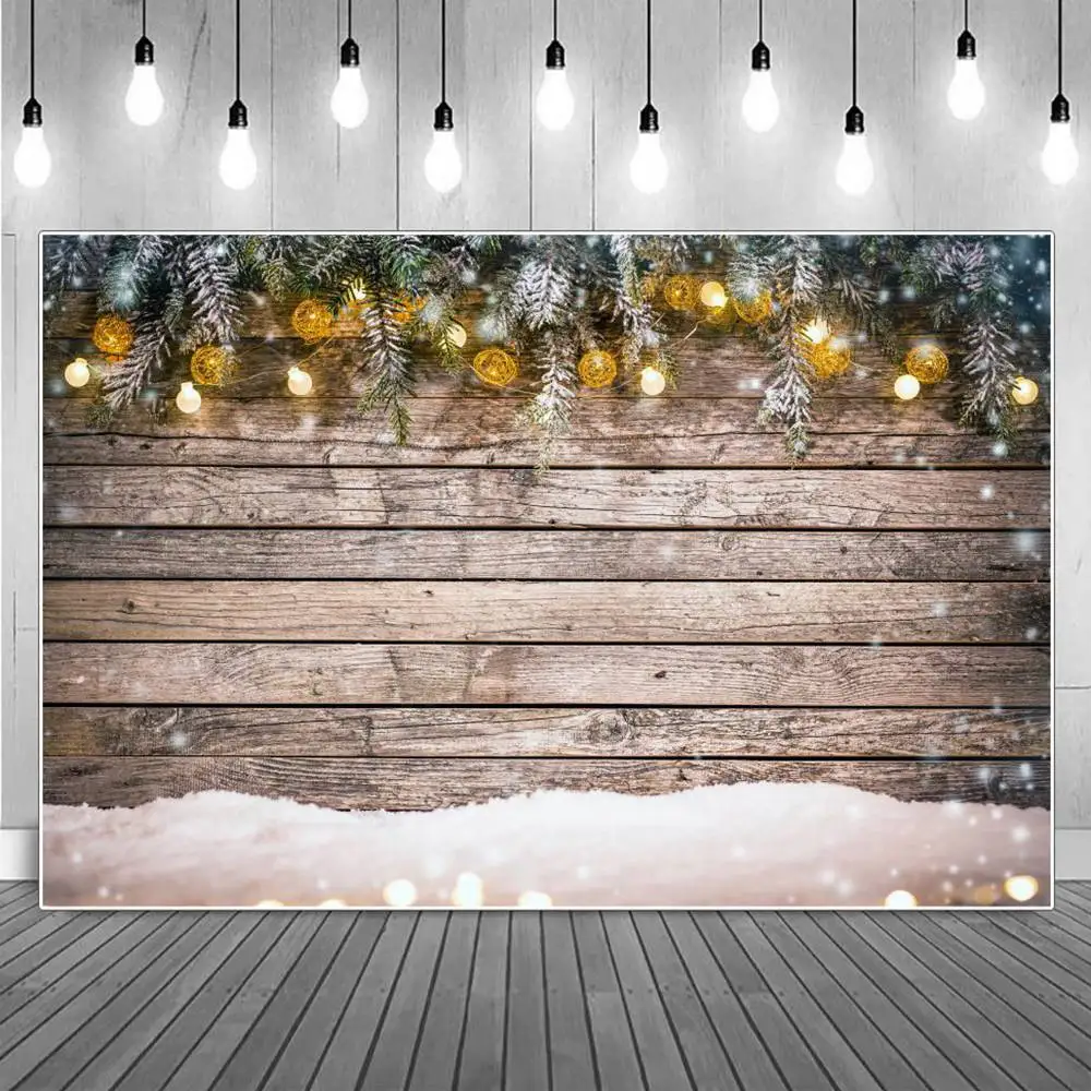 

Christmas Light Bokeh Pine Leaves Snow Wooden Board Planks Photography Backdrops Custom Party Decoration Photo Booth Backgrounds