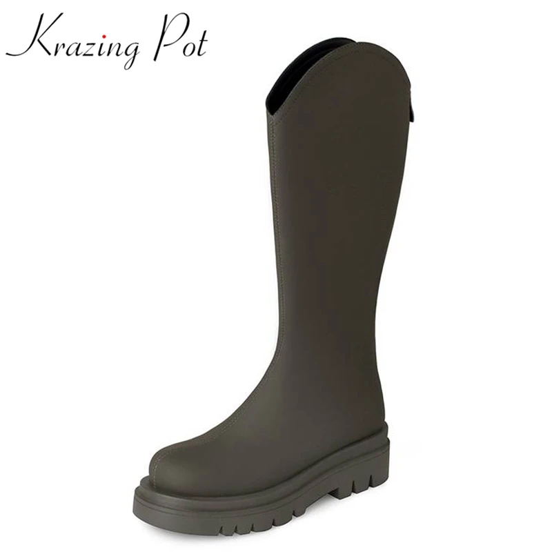 

Krazing Pot Cow Leather Equestrian Boots Round Toe Med Heels Daily Wear Recommend Basic Zipper Preppy Style Thigh High Boots