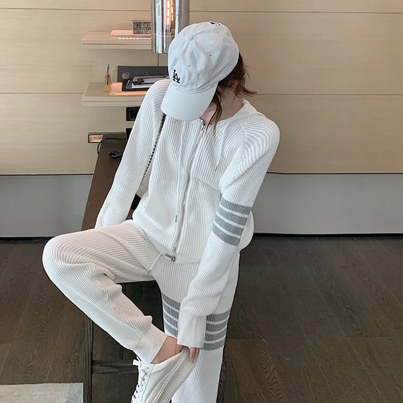

Waffle Streetwear Elegant Baggy Tracksuit Women 2 Piece Set Casual Striped Printed Hoodie Zipper Coat+Chic Jogging Pant Outfits