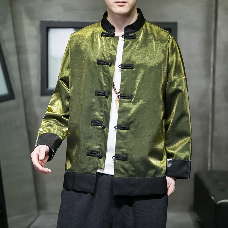 

Мужской костюм Тан из ледяного шелка, куртка ханьфу, пальто большого размера с пряжкой в стиле ретро, китайская мода, новинка, Топ контрастных цветов, куртка-бомбер