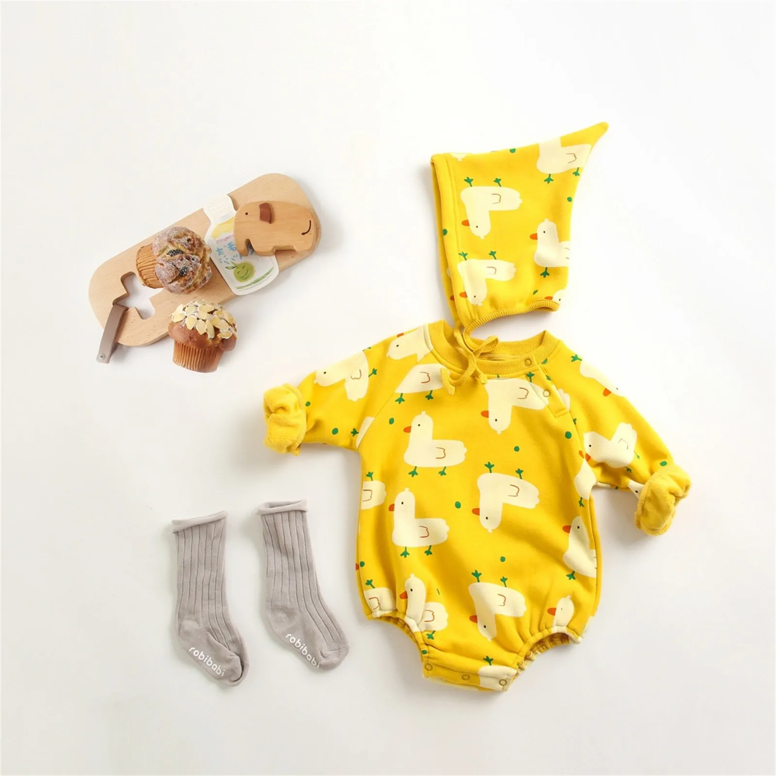 

0-3Years Infant Baby Clothes Sest Boys Girls Spring Autumn Long Sleeve Rompers Cute Cartoon Animals Prints Ribbed Tops+Hats Sets