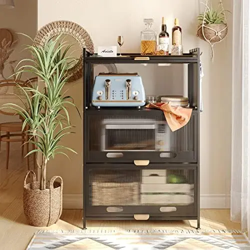 

Coffee Station Microwaves Storage , 5 Tier Kitchen Organizer Shelf for Dishes, Wine, Pots and Pans with 4 Hooks White and with