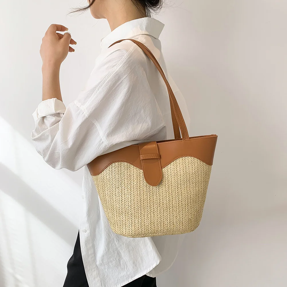 

Женская модная вместительная Соломенная Сумка-тоут с верхней ручкой, сумки, Повседневная сумка через плечо, элегантная сумка для покупок, универсальная сумка под подмышек