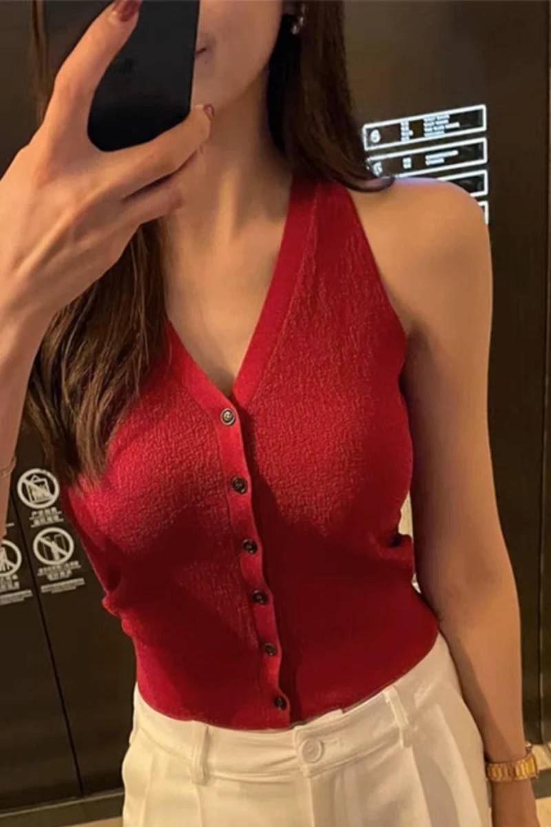Женский летний кардиган на пуговицах без рукавов с V-образным вырезом