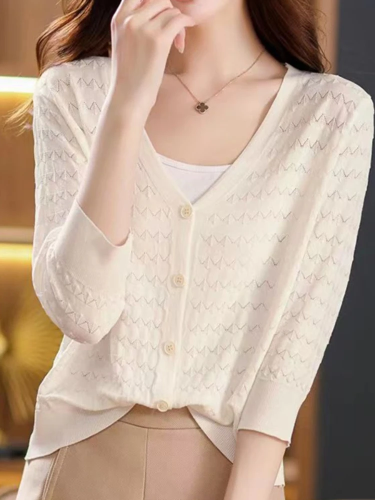 

Knitted sun protection shirt women 2023 summer new small cardigan fashion with V-neck seven-point sleeve women