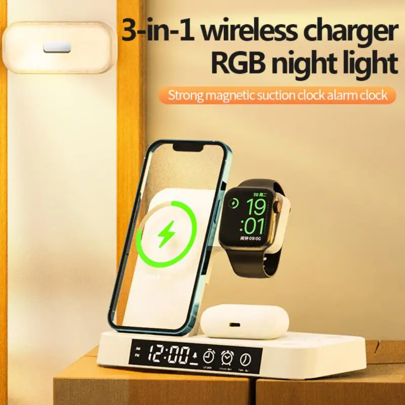 

Rgb Wireless Charger Detachable With Clock Charging Dock Station Foldable Charging Adapters For Iphone Iwatch Airpods 3 In 1