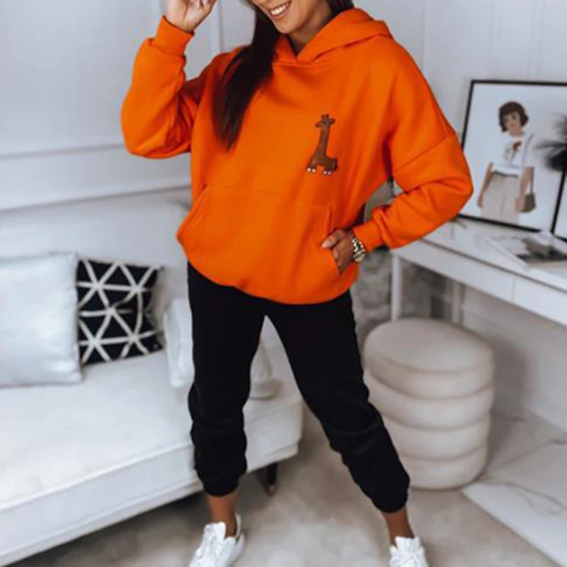 

Autumn Hooded Sweatshirt &Long Pants Set Women Long Sleeve Pocket 2Pc Suits New Elegant Pattern Print Tracksuits Lady Outfits