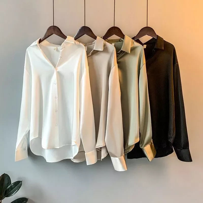 New in Blouse White Shirt Women Plus Size Collared Shirts For Women Blouses Long Sleeve Top Fashion Sheer Silk Blouse 2022 Blusa