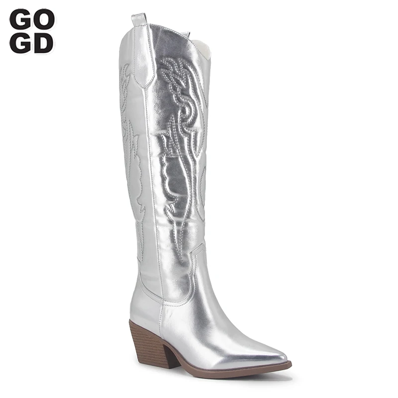 

GOGD Fashion New Cowboy Cowgirls Western Knee High Boots Embroidery Metalic Women's High Boots Pointed Toe Design Knight Boots